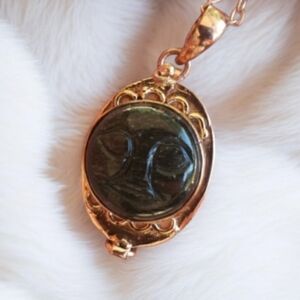 Obsidian Moon Face Box Pendant Necklace - Natural Stone